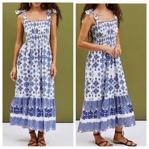 Zara Blue White Print Smocked Maxi Dress Size Small Linen